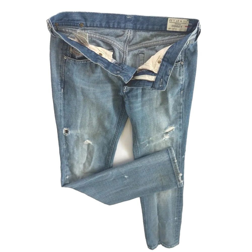 Diesel Industry Women Denim Jeans 27 Inseam 31 Rip Embroidered Leather Tag Blue